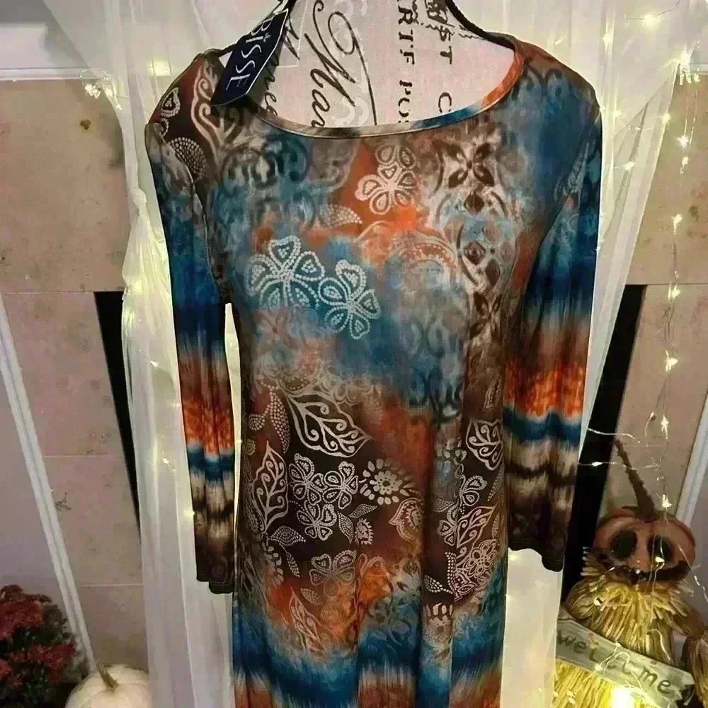 LBISSE dress. NWT. Brown, Orange. Beautiful Gall Colors. Medium.